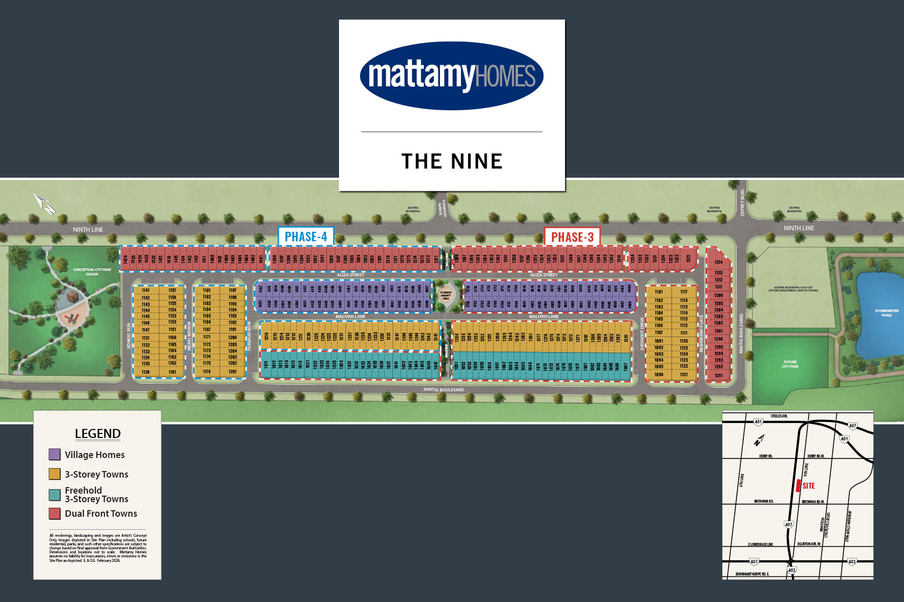 The Nine community site plan with home-type legend and key map